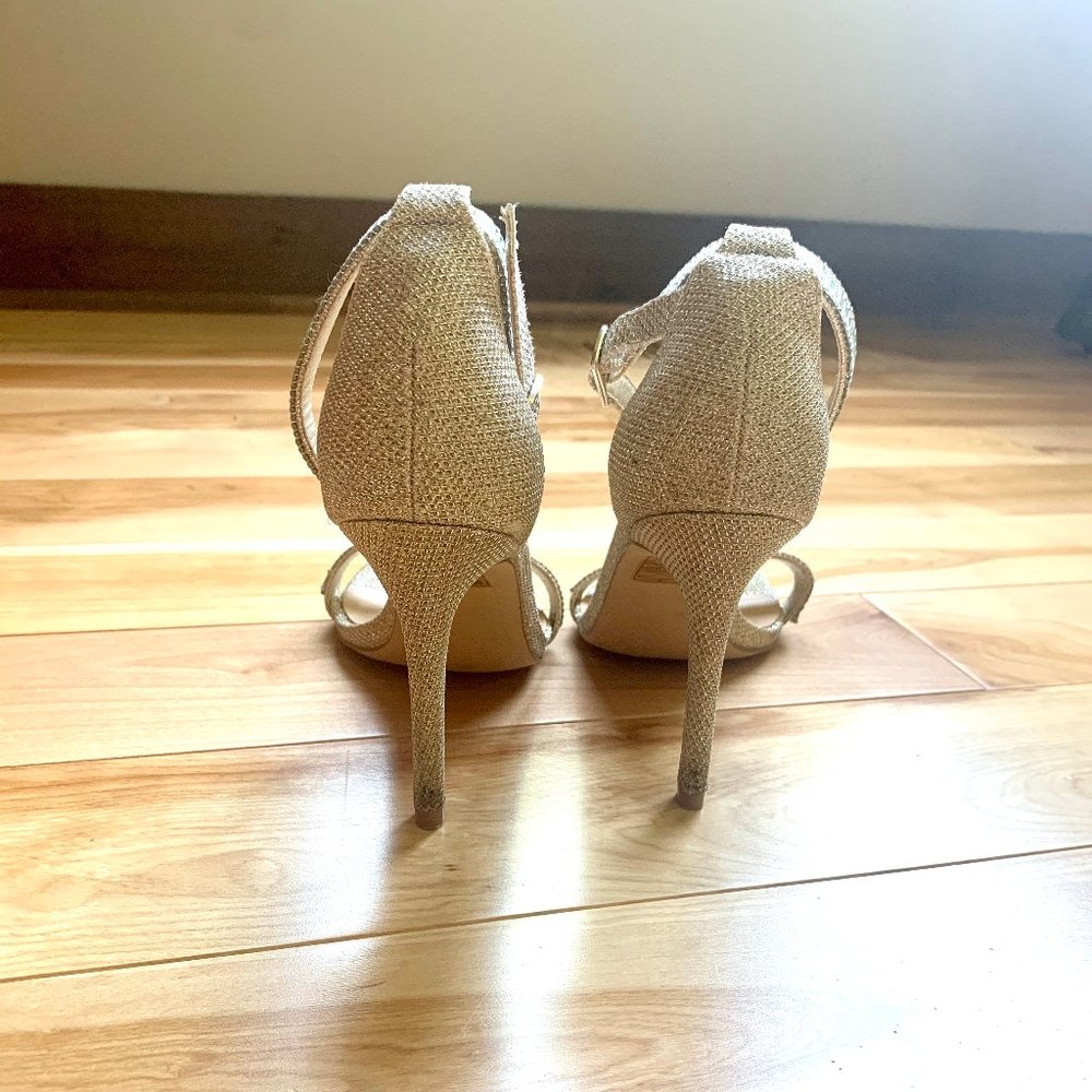 Aldo Gold Open Toe Rhinestone Ankle Strap Heels - Picture 3 of 5